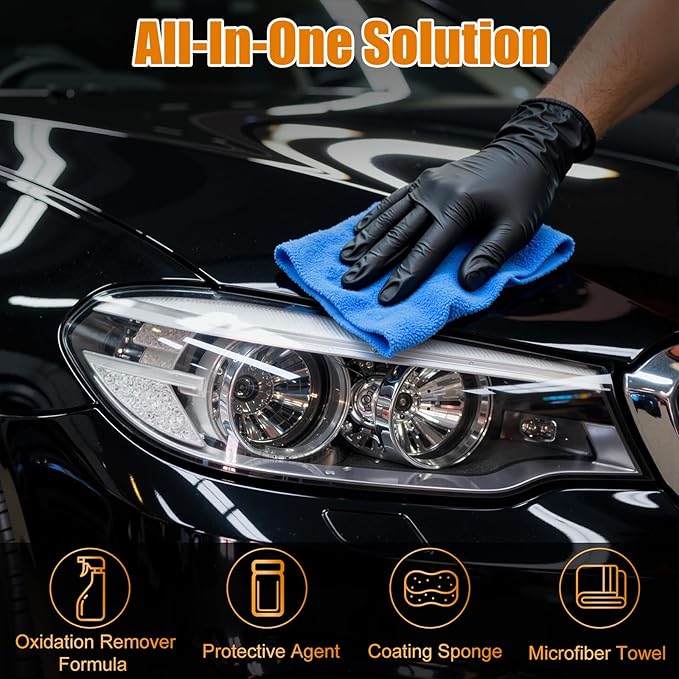Automotive Headlight Restoration Kit - Refurbishing Fluid & Polishing Cleaner for Oxidized, Yellowed Headlamps, Enhanced Hydr