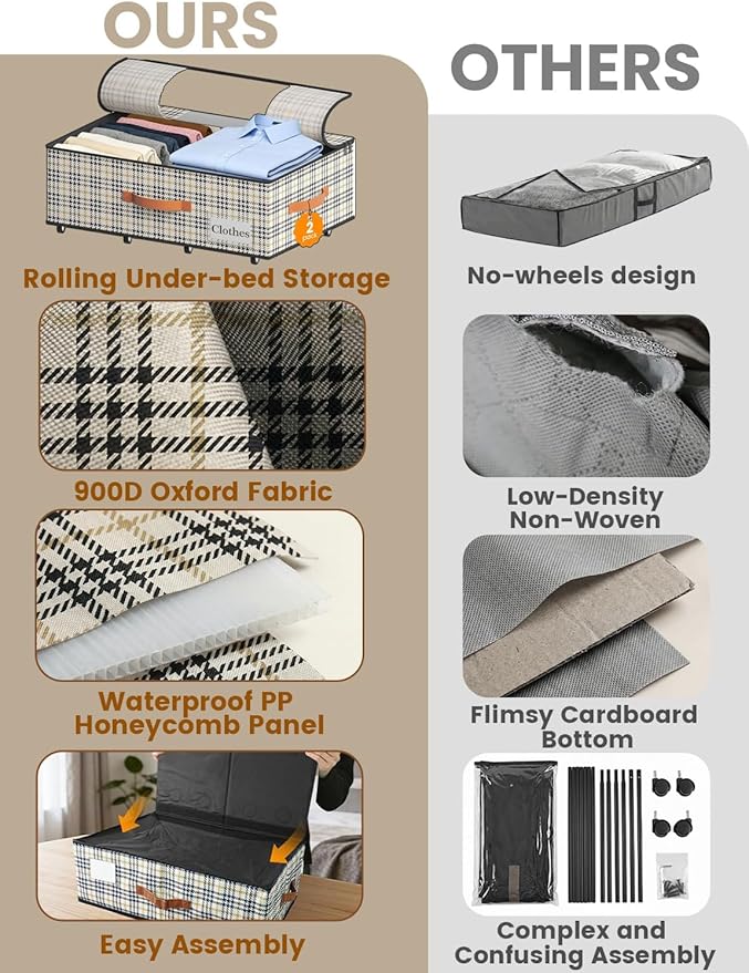 2-Pack Under Bed Storage with Wheels and 6 Vacuum Seal Bags, Adjustable Height 7.9"-10.2",Heavy Duty Capacity, Clear Lid Orga