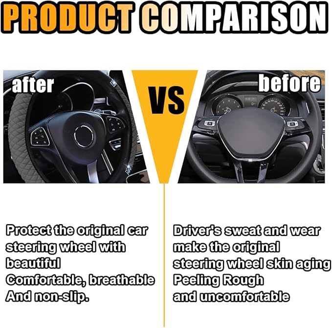 Bling Soft Leather Steering Wheel Cover, 15 Inch Colorful Rhinestones Auto Elastic Protector with Crystal Diamond for Women G