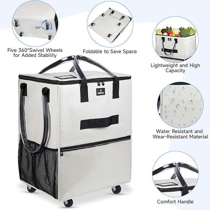 Reusable Grocery Bag On Wheels, 70L Foldable Rolling Tote with 6 Pockets & 3-Way Carry, Heavy Duty Handles, Zippered Top for Groceries, Laundry, Storage, Medium, Beige