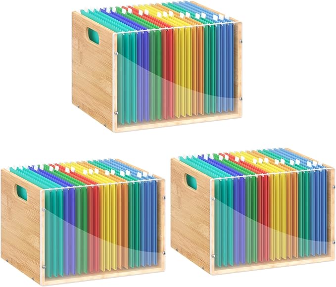 Sbanmao 3 Pack Hanging File Organizer, Clear Acrylic File Box Organizer, Bamboo Filing Box File Crate Organizer Storage Boxes