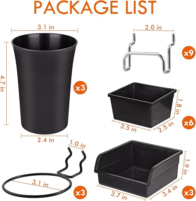 G.CORE 12 Pack Pegboard Bins PegBoard Cups with Hooks & Loops, Peg Board Hooks Assortment Organizer Accessory, Various Tools 