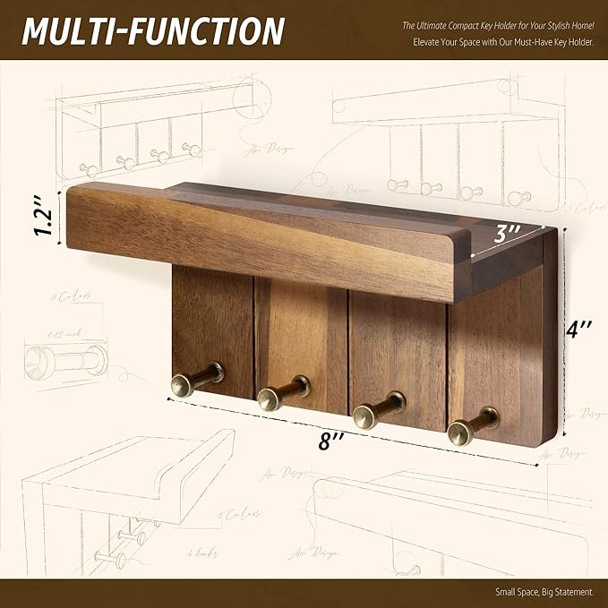 Rebee Vision Farmhouse Key Holder Wall Mount - Small Key Rack & Mail Organizer for Wall with 4 Key Hooks & Small Shelf - Home