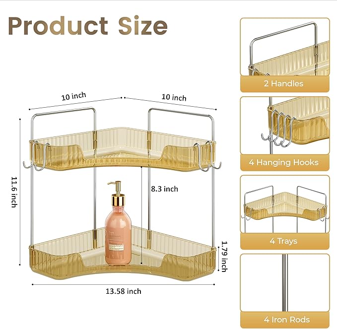 Golden Corner Counter Organizer, 2 - Tier Bathroom & Kitchen Storage Tray with Hooks | PET Vanity Organizer for Skincare, Mak
