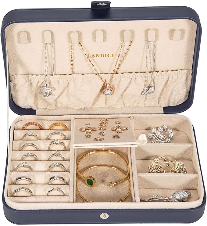 LANDICI Small Jewelry Box for Women Girls, PU Leather Travel Jewelry Case, Portable Jewelry Organizer Storage Holder Display 