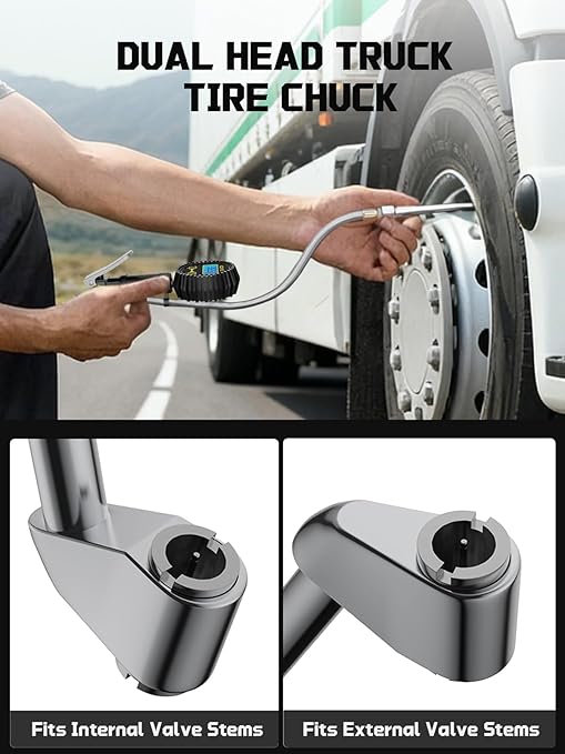 AZUNO Digital Tire Inflator with Pressure Gauge, 200 PSI (0.1 Res) w/LED Flashlight, Heavy Duty Air Compressor Accessories 7pcs Set, w/Lock on Air Dual Head Chuck and 90° Tire Valve