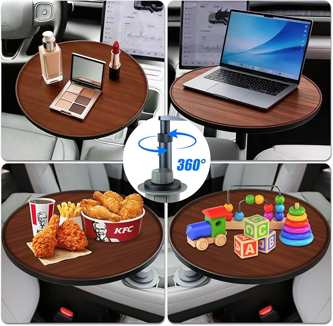 Car Desk for Laptop, Portable 360° Rotation Wooden Steering Wheel Tray (Cup Holder Mounted) for Food, Eating, Office, Compatible with Tesla Model Y/3 & Most Vehicles