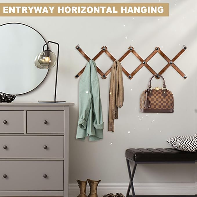 WGFKVAS 2 Pack Accordion Hat Rack for Wall - Expandable Coat Rack Wall Mount with 14 Pegs - Wood Wall Hanger for Baseball Cap
