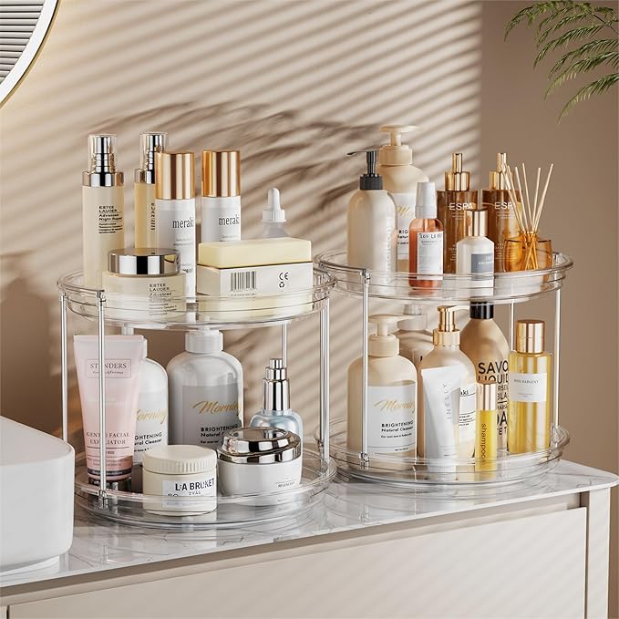 LAMU Rotating Makeup Organizer for Vanity, 10.6in 2 Tier Lazy Susan Turntable Stackable Spinning Skincare Organizer Cosmetic 