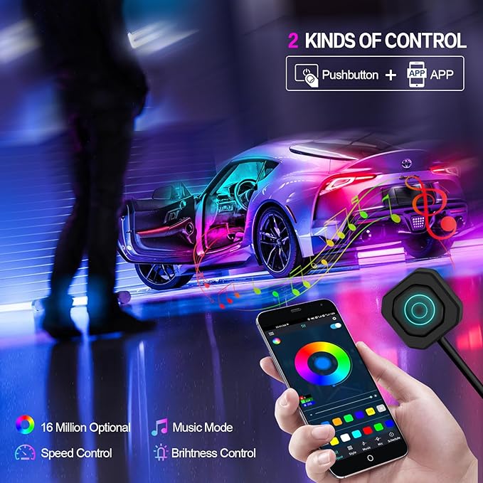 Dreamcolor Acrylic Interior Car Light 10 in 1 Automotive Ambient Light Kits with APP Control 16 Million Color 175 inches Fiber Optic Car LED Strip Light, RGB Music Sync Sound Activated Neon Light Kits