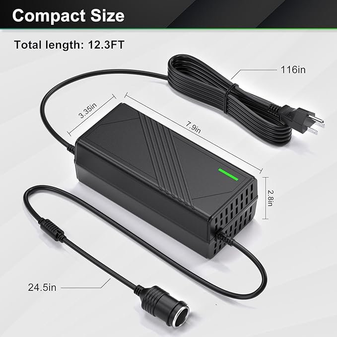 AC to DC Converter 20A/240W/12.36FT/110V-240V to 12V Converter Car Cigarette Lighter Socket AC/DC Power Adapter for Inflator,