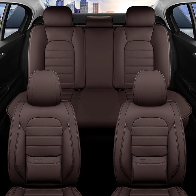 Brown Car Seat Covers Full Set, Universal Faux Leather Seat Covers for Cars 5 Seats, Waterproof Leather Car Seat Covers, Comf