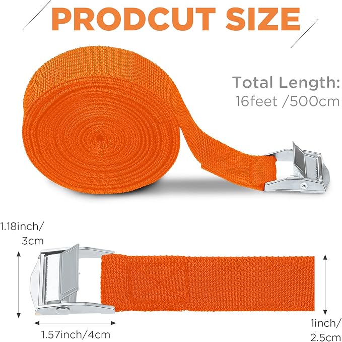Riakrum 15 Pack 16 Feet Lashing Straps Adjustable Kayaks Tie Down Cam Buckle Straps with Buckles up to 250lbs for Cargo, Luggage, Motorcycles, Truck, Car Roof Rack, Sup Surfboard(Orange)