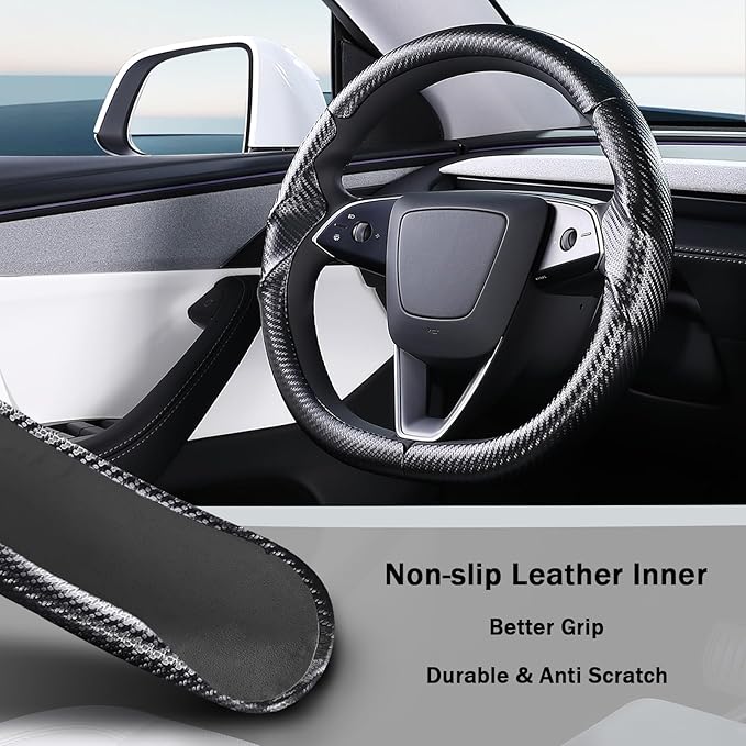 Steering Wheel Cover for Tesla Model 3 2024-Present Highland/Tesla Model Y Juniper 2025-Present, Carbon Fiber Steering Wheel Cover for Tesla Model 3 Highland/Y Juniper Accessories, Matte Black
