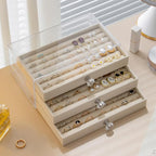 SPAKOWN Ring Box Display Holder, Clear Velvet Jewelry Storage Tray Organizer for Ring Stud Earring (Beige - 3 Drawers)
