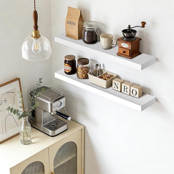 Floating Wall Shelf 36x6.8x1.7 Inch – Solid Wood Shelf in White Finish – Heavy Duty Wall Mounted Rustic Display Shelf for Liv