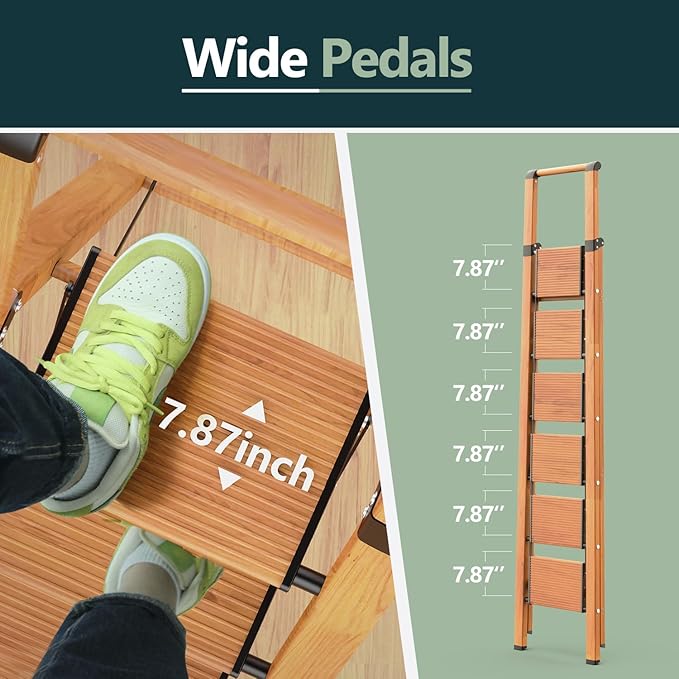 WOA WOA 6 Step Ladder, Folding Ladder with Handrails for High Ceilings, Indoor Tall Ladders with Wide Pedals, Lightweight Alu