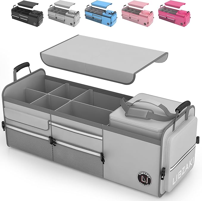 LIBZAKI Oversize 4 in 1 Car Trunk Storage Organizer, Multi Compartment Collapsible Trunk Storage Box with Cooler Bag for Car