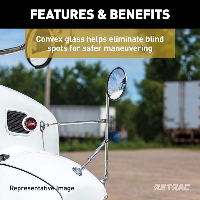 RETRAC 609898 8-1/2-Inch Stainless Steel Offset-Mount Convex Mirror Head with J-Bracket, Universal Driver or Passenger Side