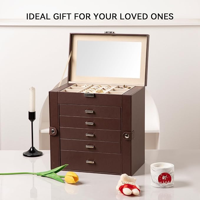 Frebeauty Large Jewelry Box,6-Tier PU Leather Jewelry Organizer,Multi-functional Storage Case with Mirror,Accessories Holder 