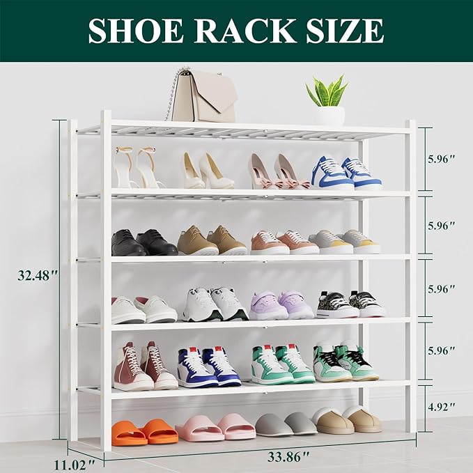 Smiry Shoe Rack, 5 Tier Thick Long Bamboo Shoe Organizer, Stackable Free Standing Wooden Shoe Storage Shelf for Closet, Entry