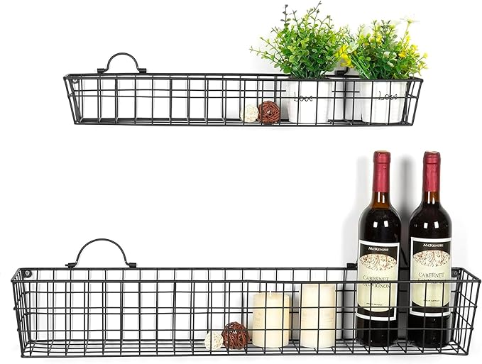 MyGift 2pcs 30-Inch Wire Baskets for Storage and Organization, Rustic Black Wall Mounted Metal Display Racks