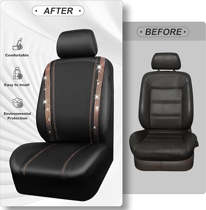 CAR PASS Bling Diamond Car Seat Covers Full Sets, Shining Rhinestone Waterproof Faux Leather, with Zipper, Universal Fit Automotive Glitter Crystal Sparkle Strips Cute Women Girl, Champagne Gold