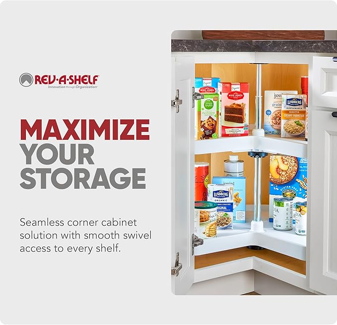 Rev-A-Shelf 2 Tier Kidney Cut Lazy Susan for Corner Base Cabinets, Plastic, 28" Double Shelf Swivel Kitchen Spice/Can Organiz