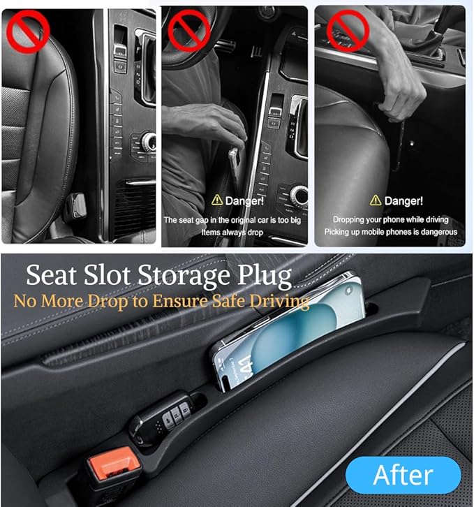 Car Seat Gap Filler Organizer 2 Pack,Upgraded Front Seat Side Storage with Phone Slot & Charging Hole,Universal Dual-Slot Crevice Blocker & Console Insert for Car, SUV, Truck,Car Essentials,Black