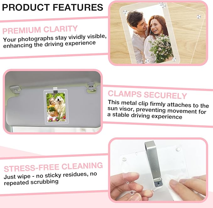 HIIXHC 4Pcs Car Picture Holder, Magnetic Car Photo Holder, Sun Visor Photo Clip for 3 Inch Photos, Personalized Acrylic Visor Clip for Drive Safe Daddy/Family/Pet Pictures | Car Accessories