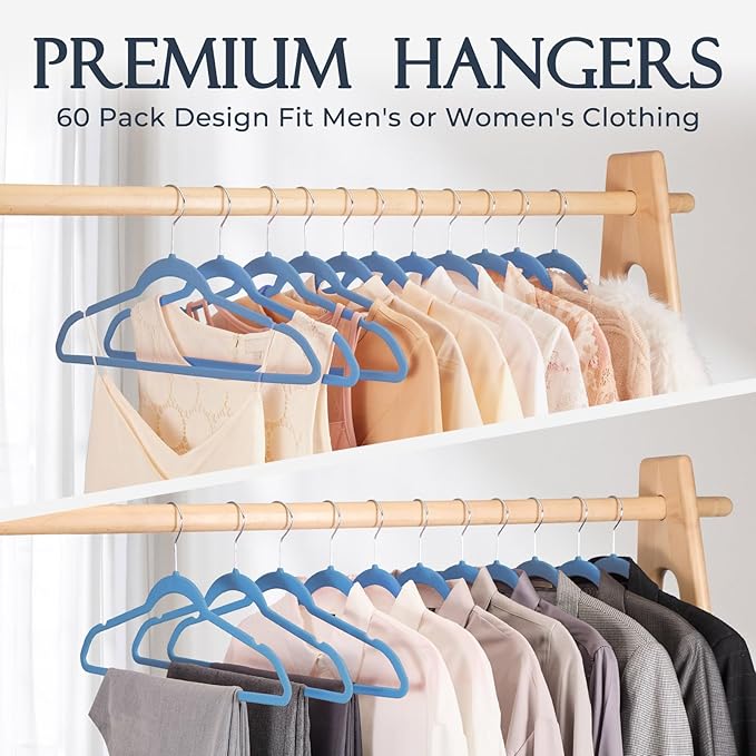 HOUSE DAY Tranquil Blue Velvet Hangers 60 Pack, Non Slip Clothes Felt Hanger Heavy Duty for Coat, Premium Slim Space Saving S