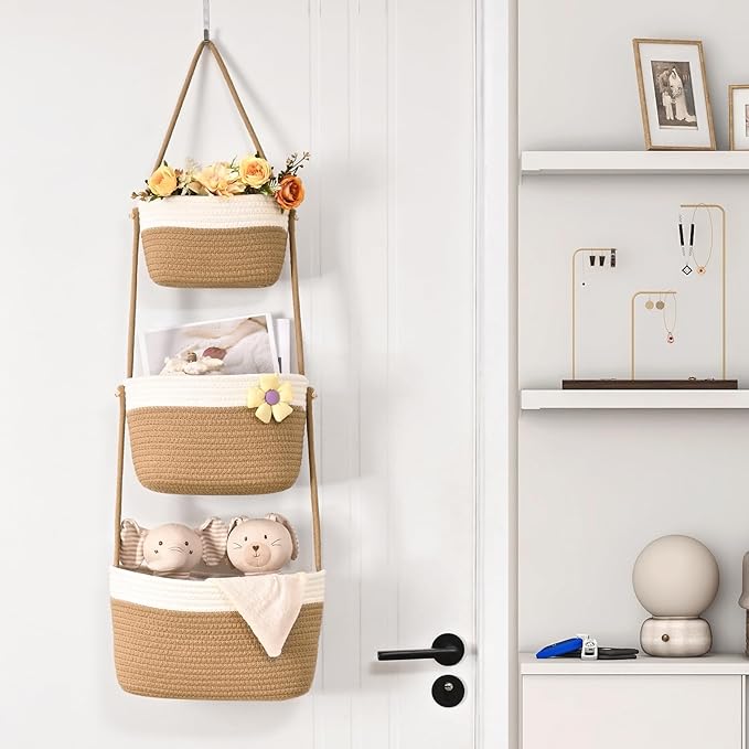 Hanging Storage Baskets, Over the Door Basket, Cotton Wall Baskets Storage, Hanging Door Basket with 4 Hooks