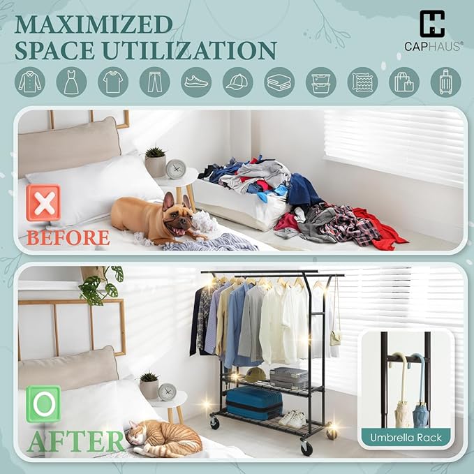 CAPHAUS 840LBS Capacity Heavy Duty Clothes Rack with Double Rods, Rolling Clothing Rack with 2 Shelves, Extendable Rods, Blac