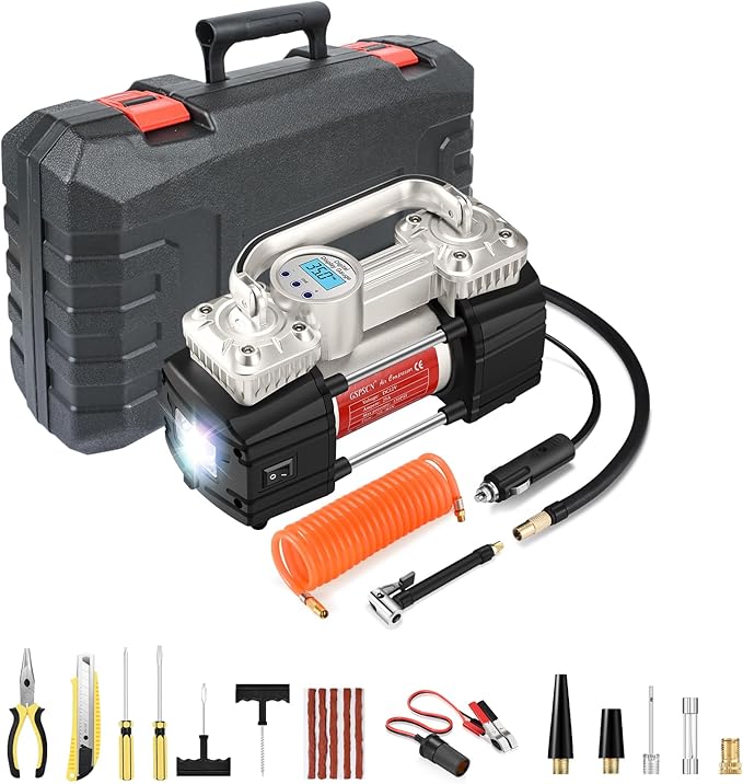 GSPSCN 6X Faster Inflation Digital Tire Inflator, Portable Toolbox 12V Air Compressor Pump Heavy Duty Dual Cylinders Car Pump,150Psi Auto Shut-Off with Tire Repair Kit for Auto,SUV,Truck etc