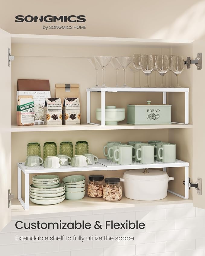 SONGMICS Spice Racks, Set of 2 Expandable Kitchen Countertop Shelves, Small Cupboard Organizers, Metal, Space-Saving Tabletop