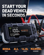 Portable 10-in-1 Car Battery Jump Starter with Air Compressor 8000A 160PSI 45W Charger, Jump Starter Jump Box (All Gas