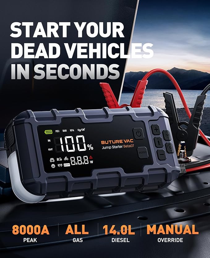 Portable 10-in-1 Car Battery Jump Starter with Air Compressor 8000A 160PSI 45W Charger, Jump Starter Jump Box (All Gas