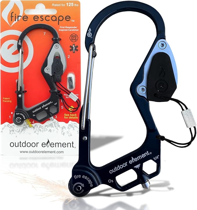 OUTDOOR ELEMENT Fire Escape, Emergency Escape Tool, Seatbelt Cutter, Window Breaker, Multi Tool, Fire Starter, Carabiner, and