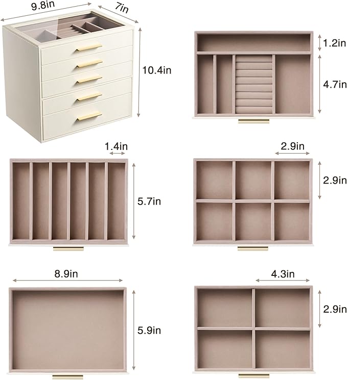 pickpiff Jewelry Box Organizer Case for Women: 5-Layer Jewelry Storage Case with Glass Window, Ivory Leather with Pink Velvet