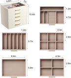pickpiff Jewelry Box Organizer Case for Women: 5-Layer Jewelry Storage Case with Glass Window, Ivory Leather with Pink Velvet