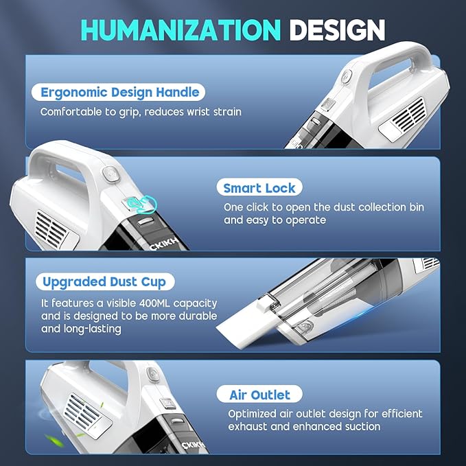 Handheld Vacuum Cordless, 15000PA Strong Suction Hand Held Car Vacuum Cleaner Portable with Multi-Nozzles & Washable Filter, 
