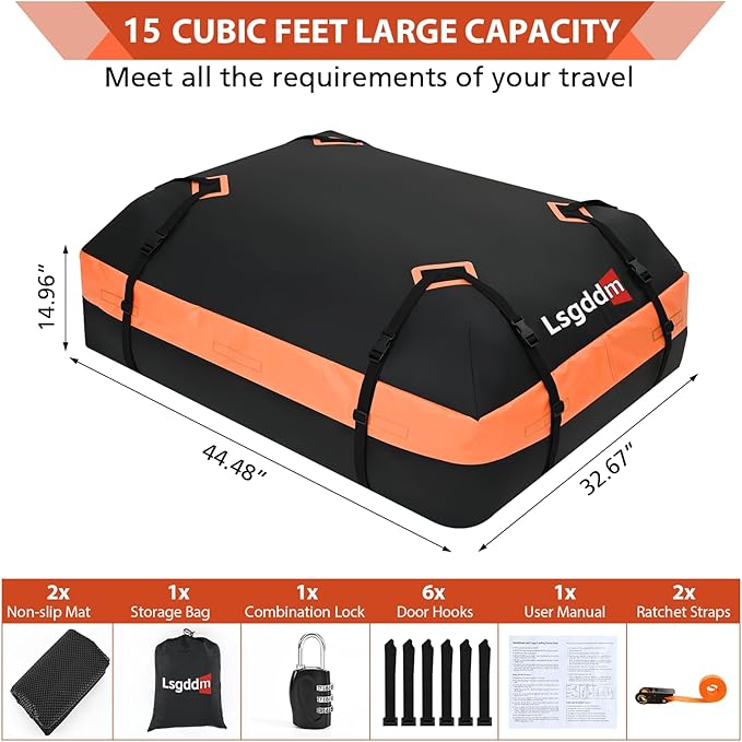15 Cubic Ft Rooftop Cargo Carrier, Waterproof Car Roof Bag for Vehicles with or Without Rack, Soft Roof Top Luggage Bag for Travel, Camping, Moving (Soft car roof Bag, 15 Cubic feet)