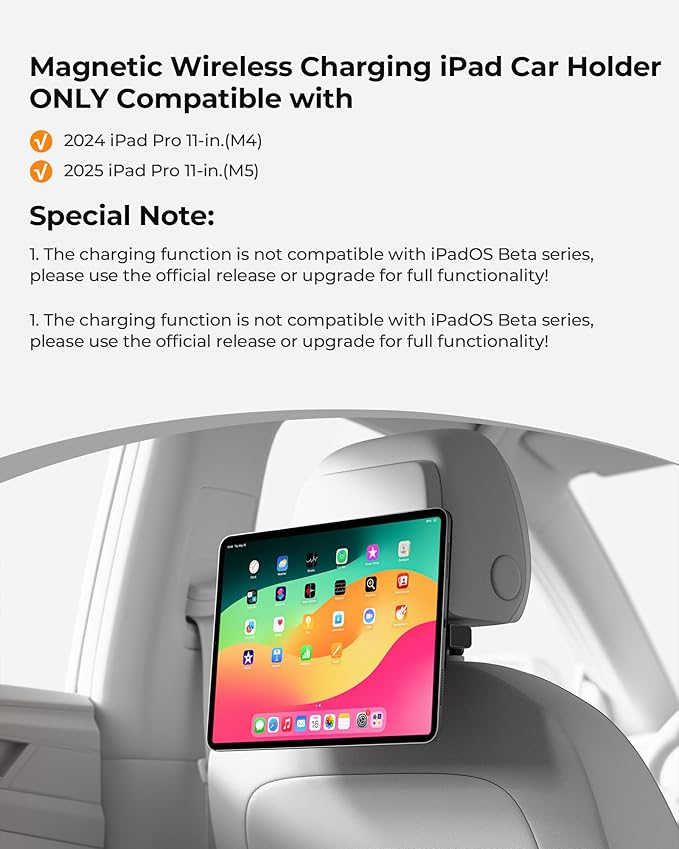 KU XIU Magnetic Wireless Charging Car Headrest Tablet Holder for iPad Pro 11'' M4/M5 Only, Adjustable Long Arm Tablet Car Mount Back Seat for Kids, Road Trip Essentials Holder with Air Vent Stand