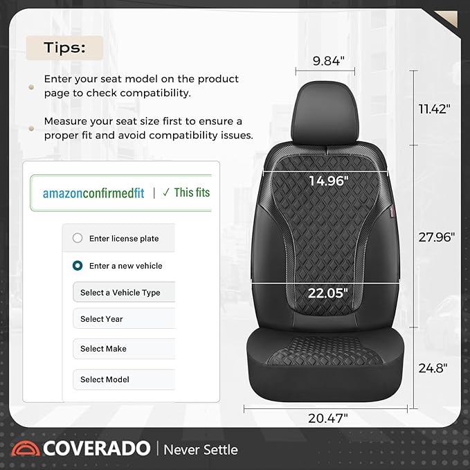 Coverado Seat Covers Full Set, Luxury Leather Car Seat Cover with Carbon Fiber Accents Design, Spill-Proof Durable Black Auto