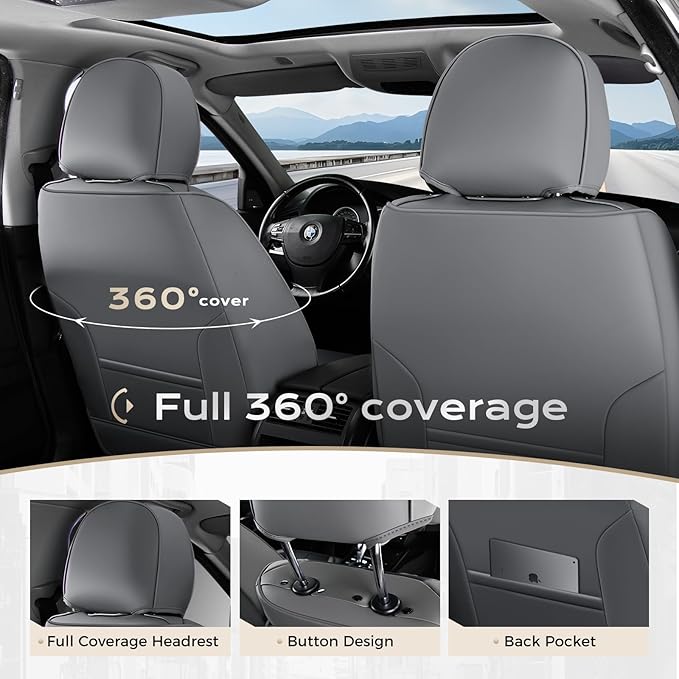 Coverado Seat Covers Full Set, 5 Seats Seat Covers for Cars, Waterproof Nappa Leather Car Seat Covers with Head Pillow, Seat 