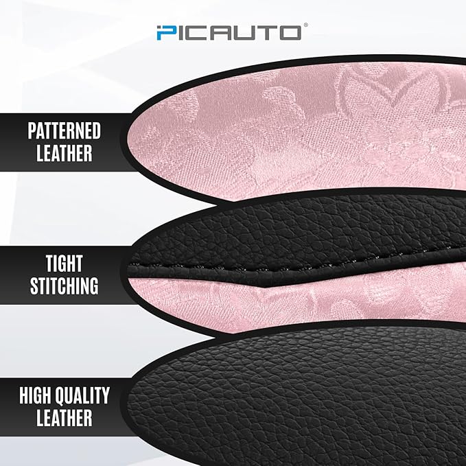 PIC AUTO Steering Wheel Cover, Pink Patterned & Black Leather Patchwork Design, Universal Fit 14.5"–15.5", Anti-Slip, Odor-Fr