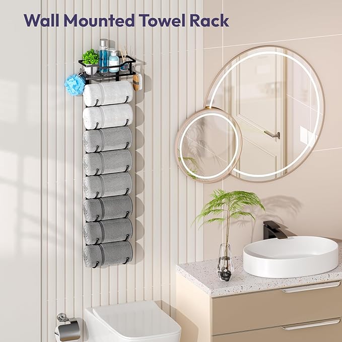 SWTYMIKI Over The Door Towel Rack - 9 Tier Towel Racks for Bathroom Wall Mounted, Towel Holder with Shelf, Hanging Rolled Tow