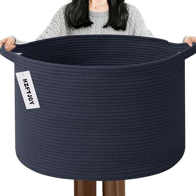 65L Extra Large Woven Cotton Rope Blanket Basket with Handles, Laundry Hamper Storage Bin for Pillows, Comforters,Clothes, To