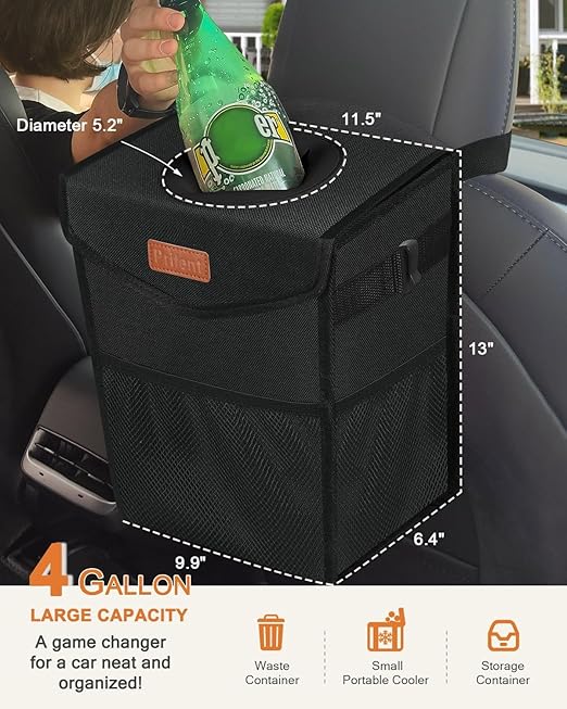 Car Trash Can with Lid, Cute Leakproof Car Trash Garbage Bag Hanging Vehicle Trash Bin Small Portable Automotive Garbage Cans Organizer for Back/Front Seat(4 Gallons,Black)