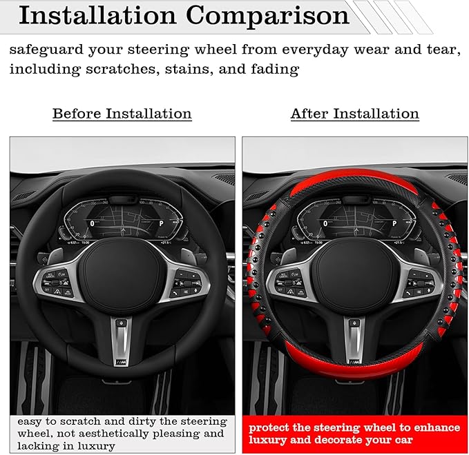 Car Leather Steering Wheel Cover - Carbon Fibre Material, Universal 14.5-15 Inch Leather Anti-Slip Breathable Auto Steering W